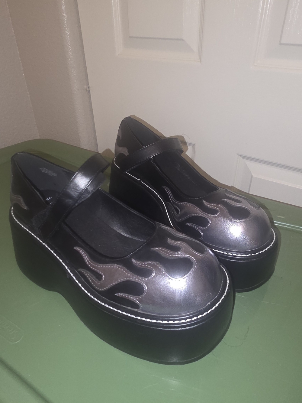 Dolls Kill Metallic Silver and Black Platform Mary Janes with Flame Trim